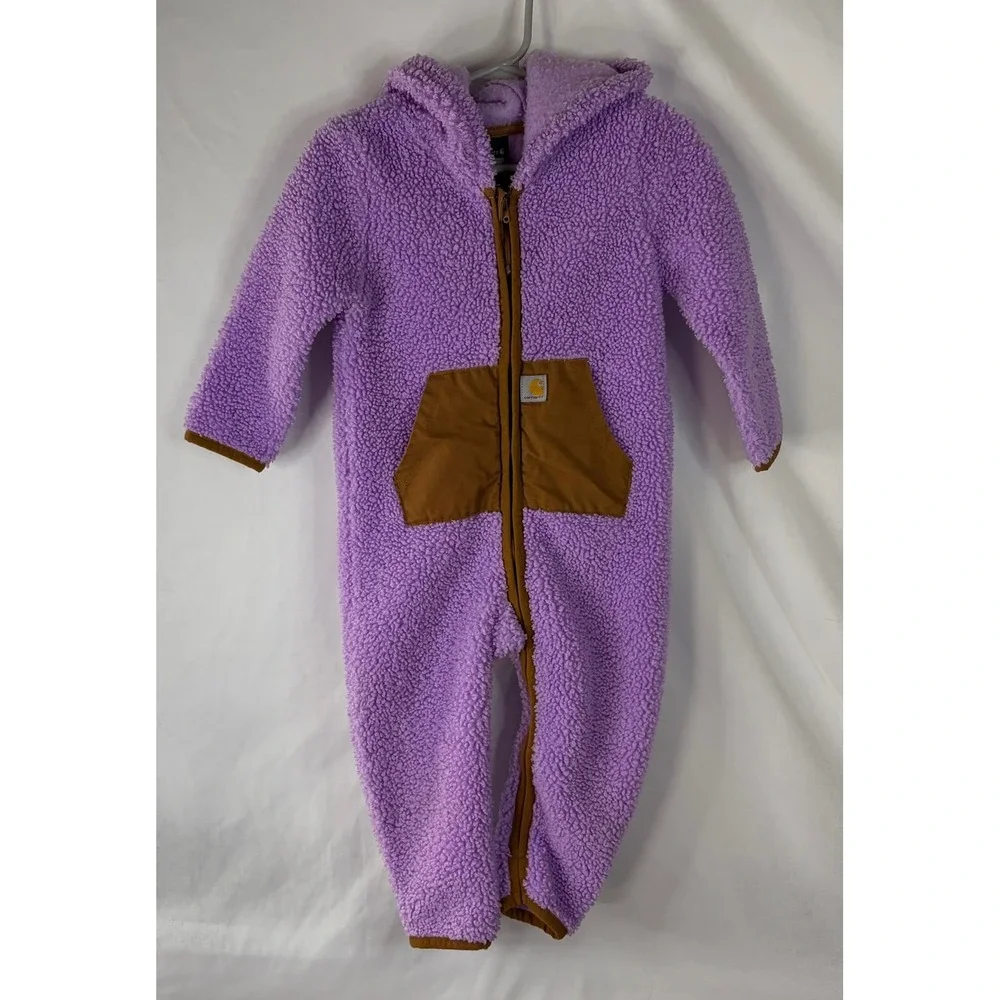 Carhartt Baby Girls Purple Sherpa Fleece Hooded Coverall Jumpsuit 18M Zip